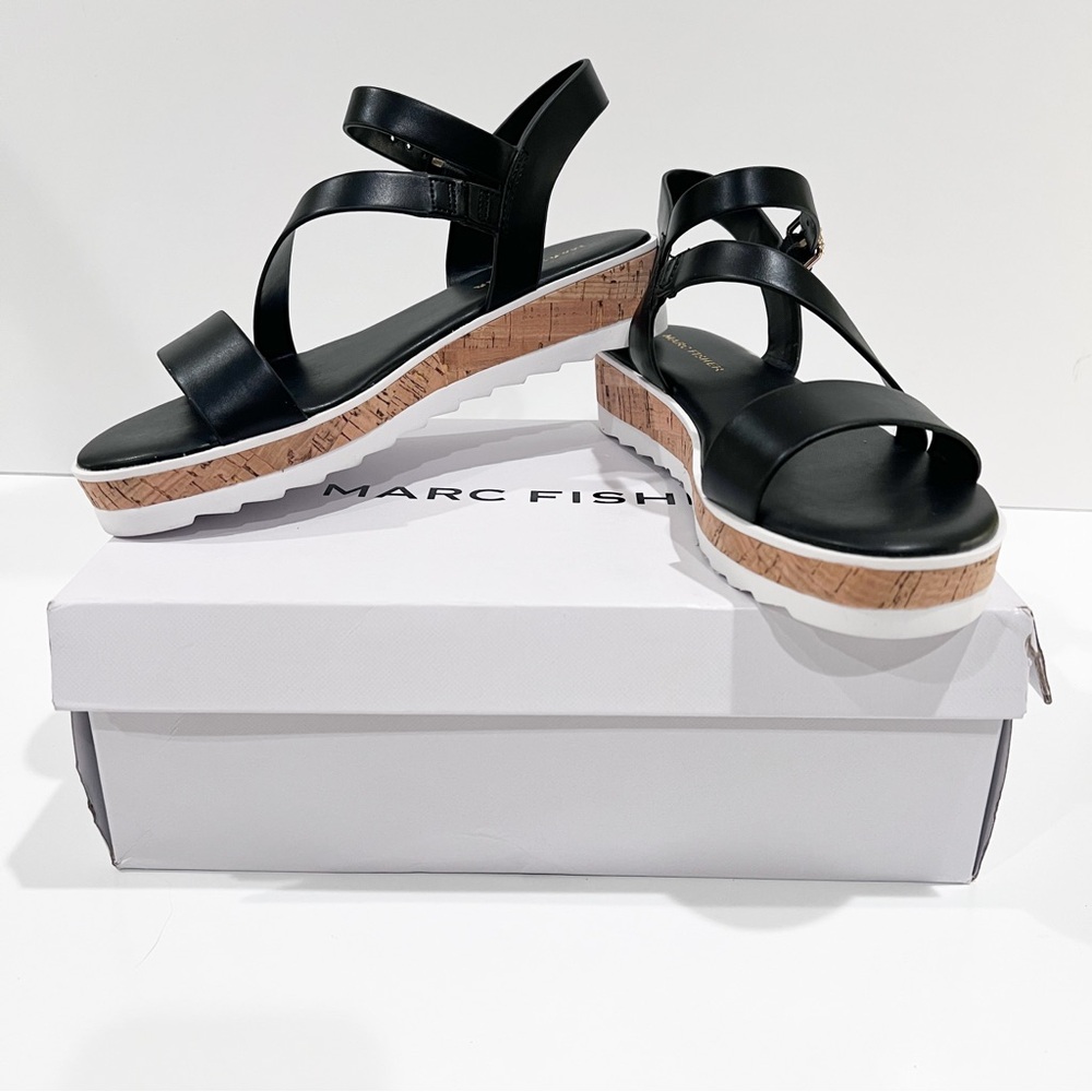 Marc Fisher Grandie Cork Platform Strappy Wedge Sandals Buckle Black 7.5 NEW - Picture 2 of 16